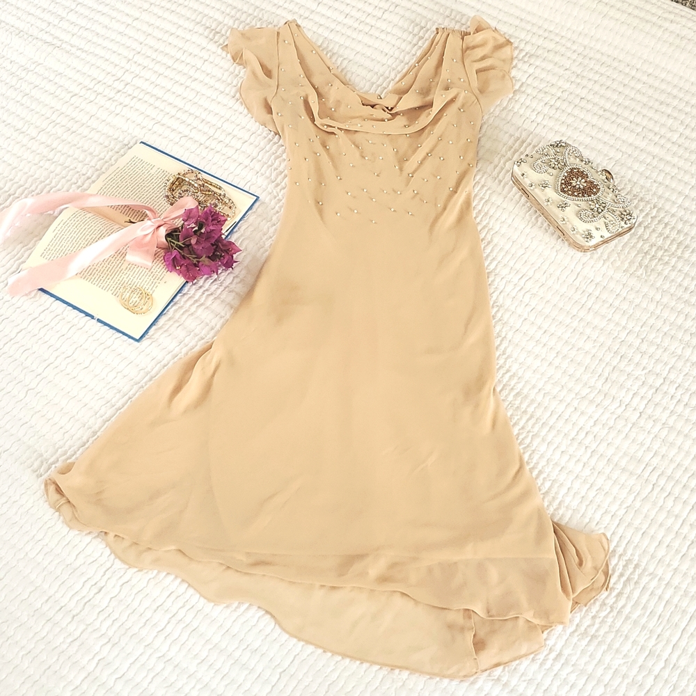 Flowy Dress with Cascading Draping and Pearls